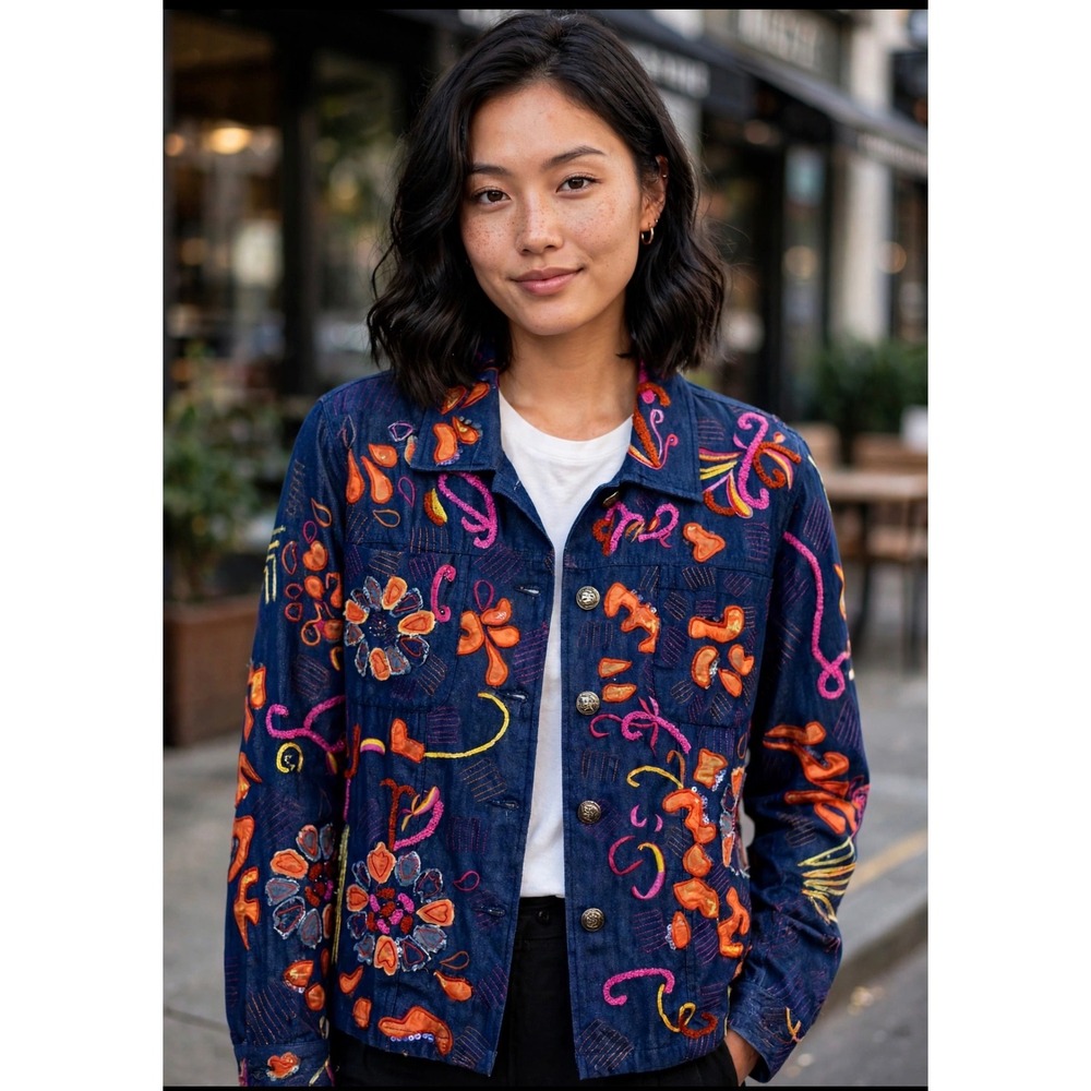 Indigo Moon Embroidered Denim Jacket Blue Floral Applique Sequin Cotton Large